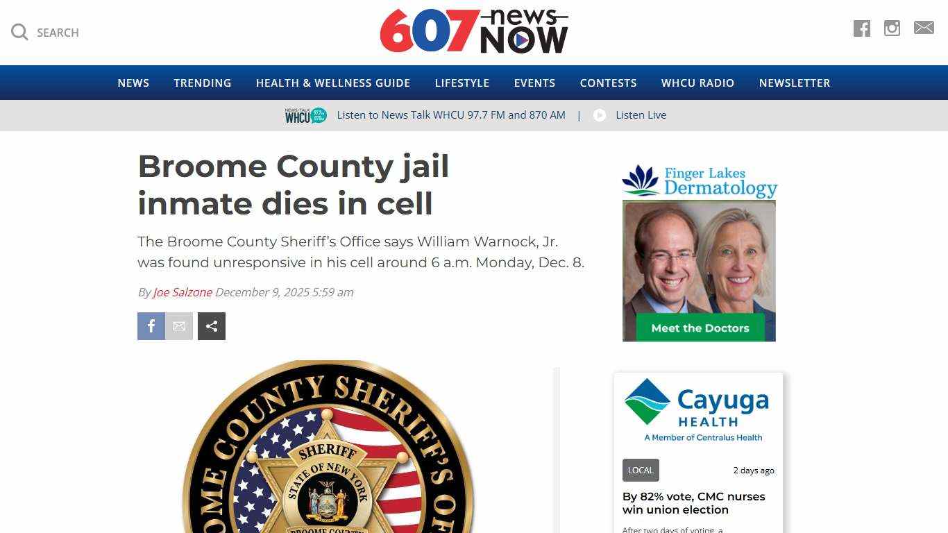 Broome County jail inmate dies in cell - 607 News Now
